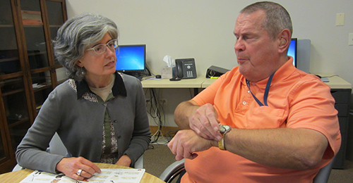 FP Social Work: resident works with the staff Certified Vision Rehabilitation Therapist (CVRT)