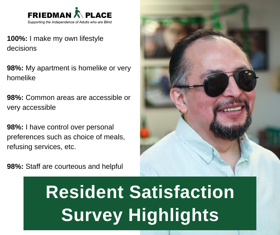 A smiling resident sits with sunglasses on in his apartment at Friedman place. Text: 100%: I make my own lifestyle decisions. 98%: My apartment is homelike or very homelike. 98%: Common areas are accessible or very accessible. 98%: I have control over personal preferences such as choice of meals, refusing services, etc. 98%: Staff are courteous and helpful.