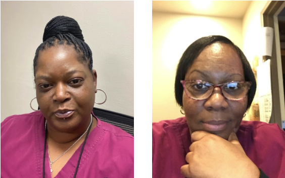 Side-by-side photos of Leslie and Antoinette, two CNAs, sitting at their desks wearing pink scrubs and smiling.